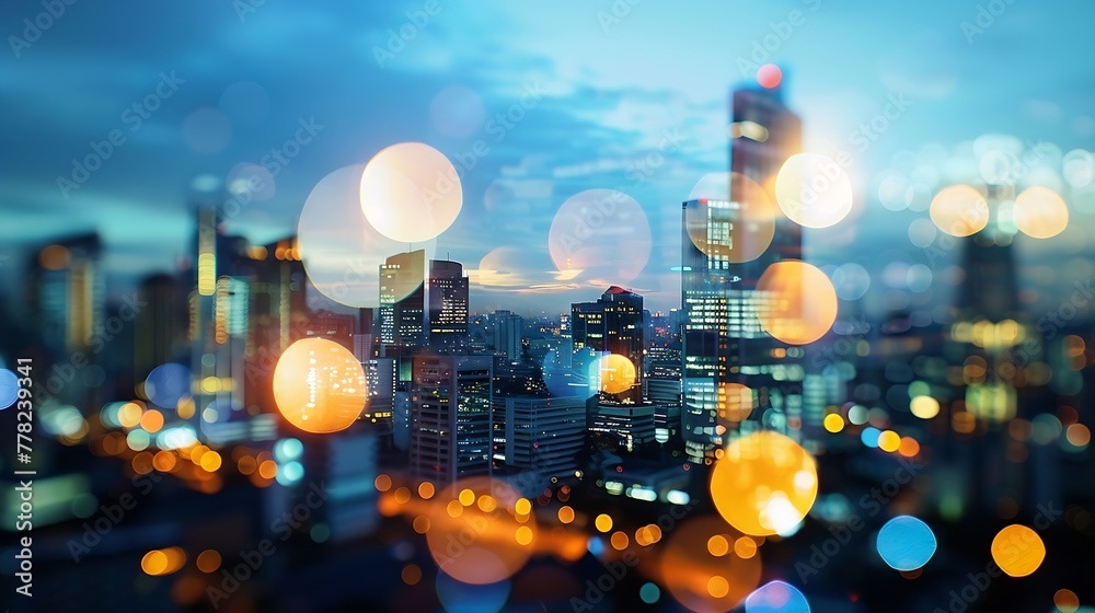 Obraz premium Generative AI : abstract double exposure of blurred sky night city downtown construction with circle round light background