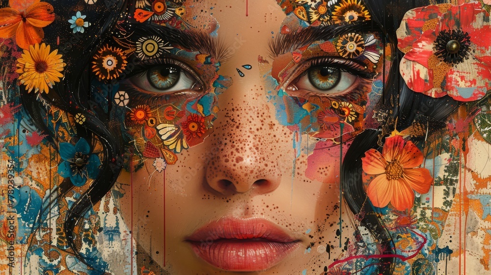 Vibrant abstract collage portrait featuring a young woman adorned with intricate floral patterns.