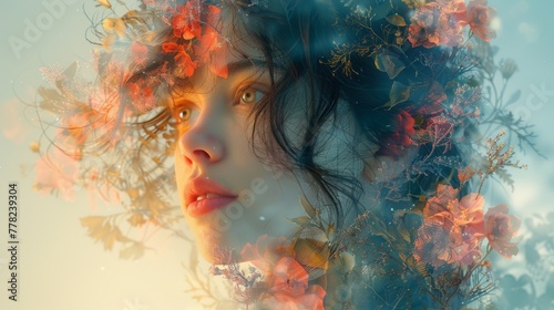 Innovative digital composition showcasing a young woman's portrait transformed with artistic floral designs.
