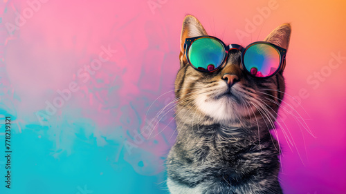cool cat with sunglasses on colorful background. ultra realistic on a vibrant background Generative AI © Pavithiran