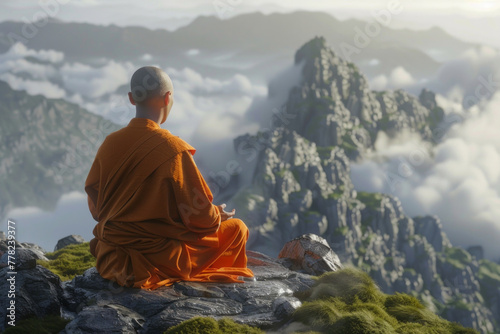A rear view of a monk meditating at the peak of a mountain