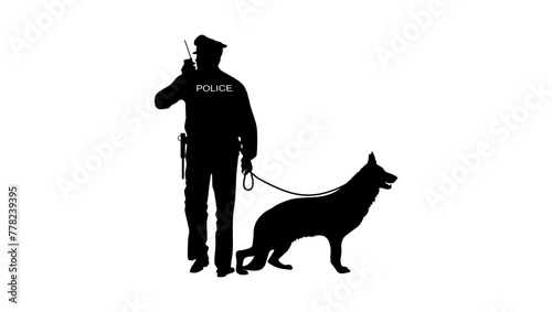 Policeman with dog, black isolated silhouette