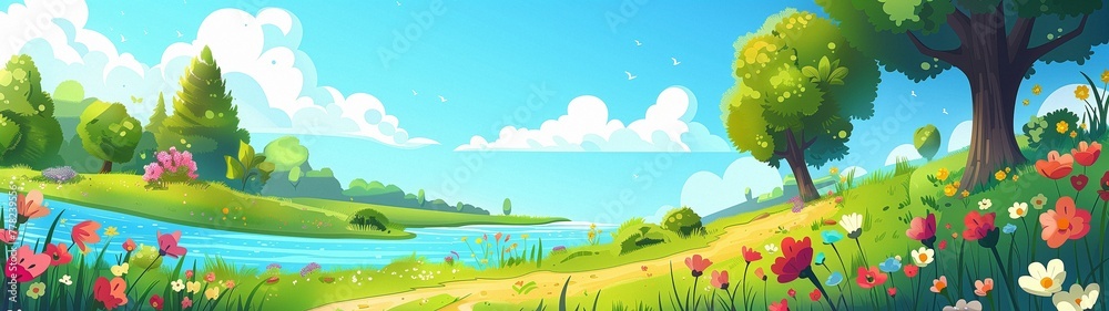 A large-format background with a spring and summer landscape. The awakening of Nature