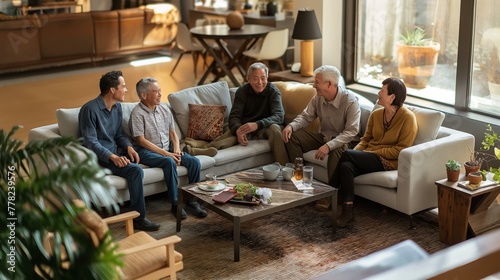 A group of people are sitting on a couch and a coffee table in a living room. Scene is relaxed and friendly  as the group of people are gathered together to socialize and enjoy each other s company