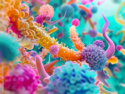 A colorful image of many different types of bacteria and viruses. The image is vibrant and lively, with a sense of chaos and disorder. The colors are bright and bold, creating a sense of energy