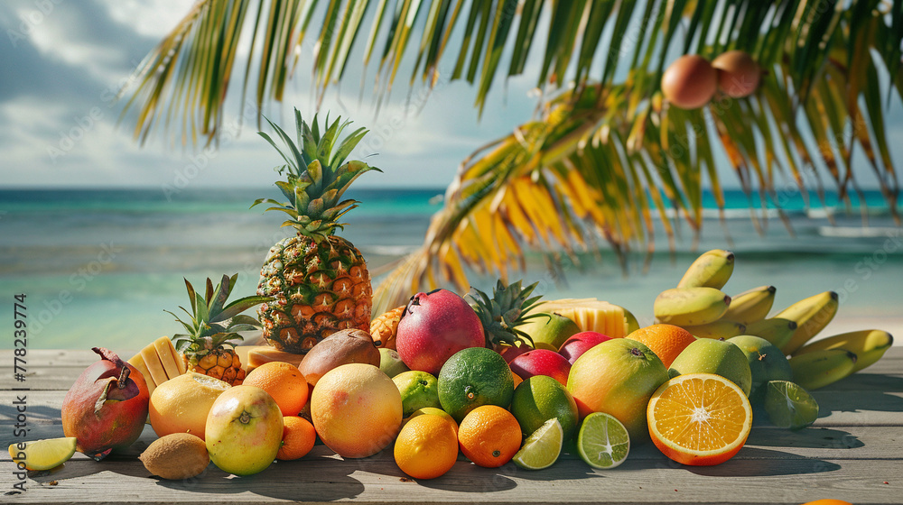 Set of tropical fruits on wooden table. The sandy beach and sea are visible on the background Set of tropical fruits on wooden table. The sandy beach and sea are visible on the background