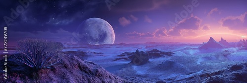 A beautiful, serene, and peaceful scene of a planet with a large moon in the sky
