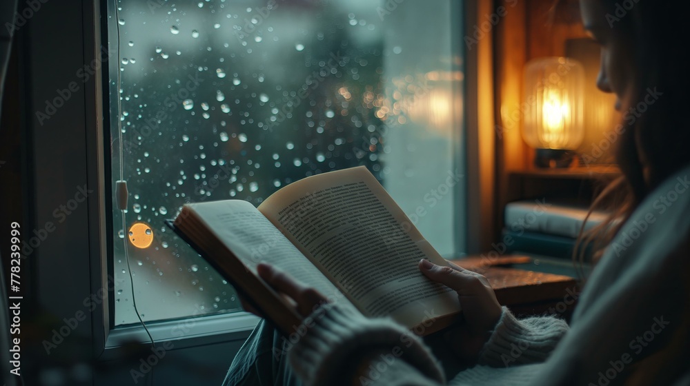A woman is reading a book by a window with raindrops on the glass. The scene is cozy and intimate, with the woman enjoying her book in a comfortable setting