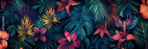 A colorful image of flowers and leaves with a tropical vibe. The colors are bright and vibrant, creating a sense of energy and life. The image is likely meant to evoke feelings of relaxation