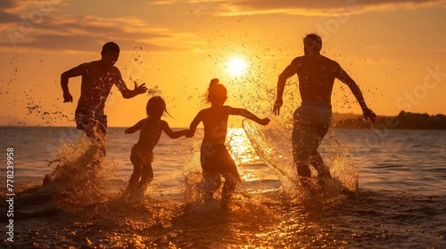 A family of four is playing in the ocean  with the sun setting in the background. The children are splashing and having fun  while the adults watch and enjoy the moment. Scene is joyful and carefree
