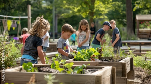 A group of children are playing in a garden with a few plants. The children are looking at the plants and touching them
