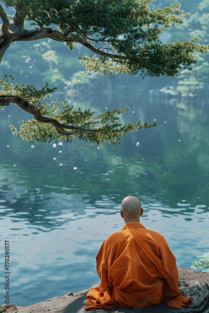 A rear view of a monk meditating beside a beautiful lake