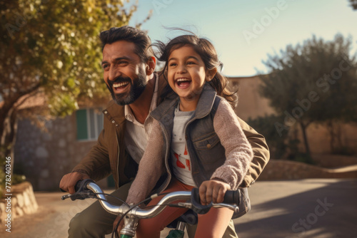 Indian ethnic father and daughter enjoying a cycle ride in the outdoor