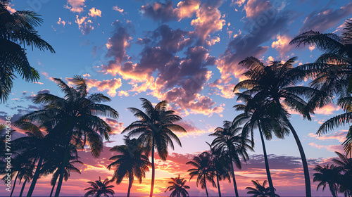 Beautiful sunset on the sea coast. Sunlight filters through a large number of palm trees. Summer background