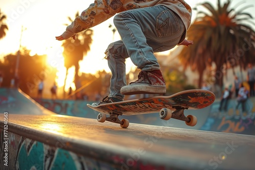 A skateboarder executing a daring mid-air trick on a vertiginous half-pipe ramp, their skateboard adorned with eye-catching graphics, the sound of wheels against wood echoing in the skatepark