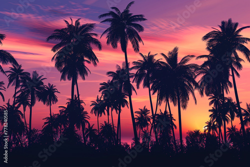 Beautiful sunset on the sea coast. Sunlight filters through a large number of palm trees. Summer background © CozyDigital