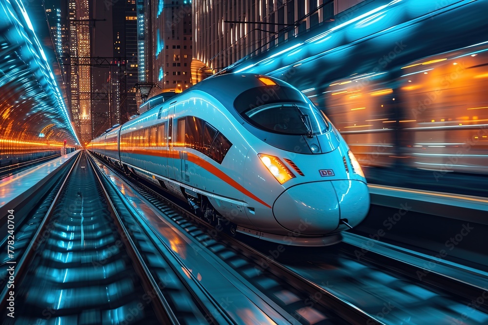 A sleek high-speed train racing through a modern cityscape, passengers inside enjoying a smooth ride