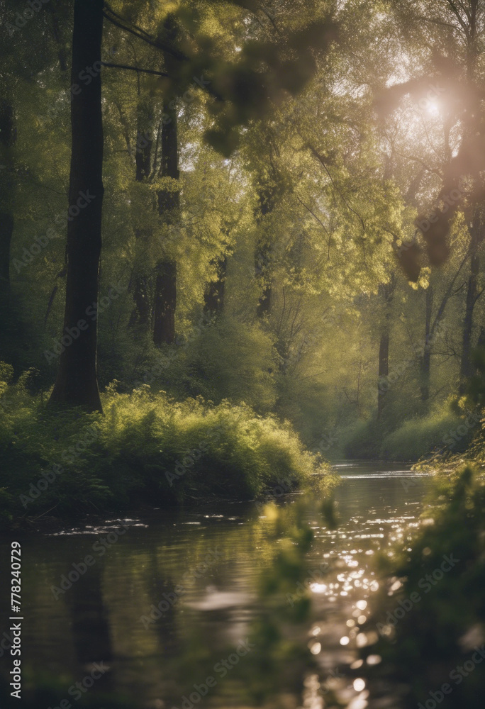 Illustration of the forest. Trees, shrubs and thickets in the form of silhouettes. River, stream in the forest Illustration of the forest. Trees, shrubs and thickets in the form of silhouettes. River, stream in the forest
