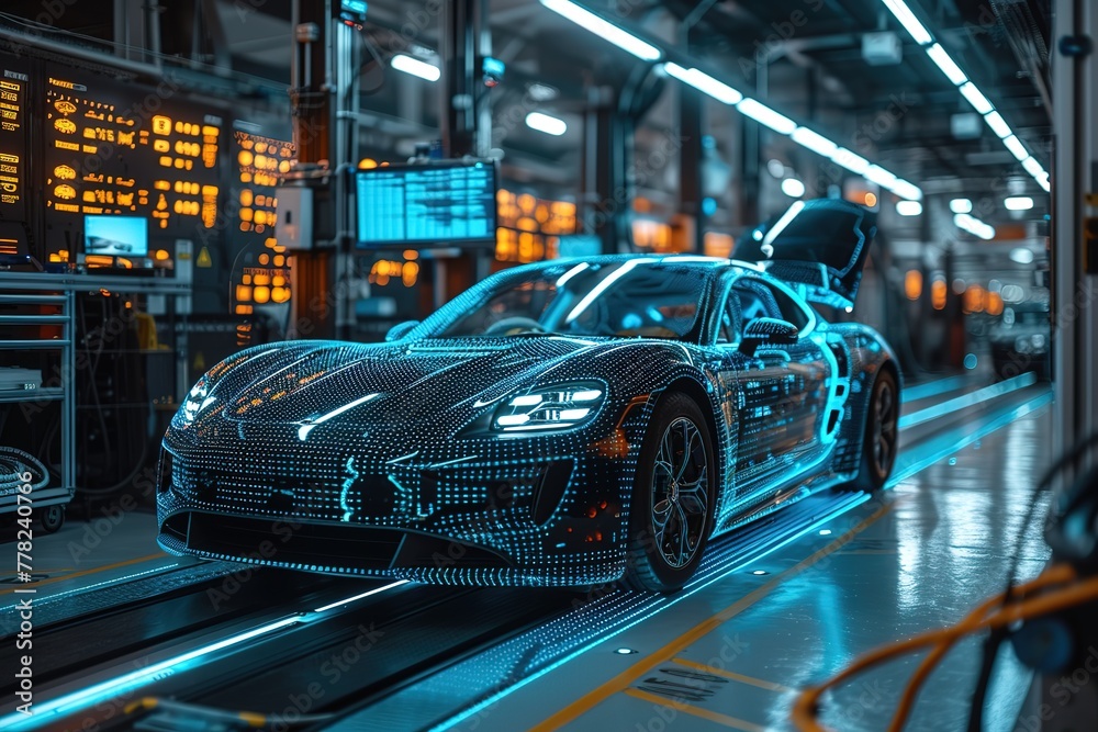 A state-of-the-art autonomous vehicle parked in a sleek, high-tech garage, with an automated robotic arm performing routine maintenance, while a digital dashboard displays diagnostics