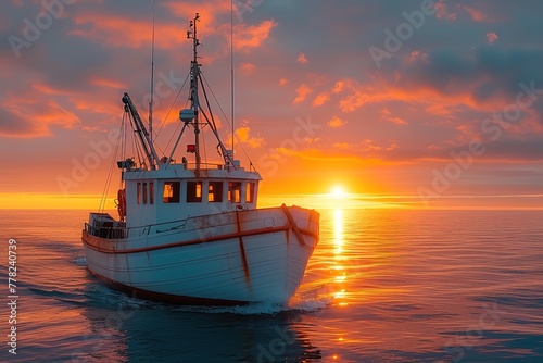 A small fishing boat setting sail at dawn, the first light of day breaking on the horizon