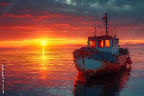 A small fishing boat setting sail at dawn, the first light of day breaking on the horizon