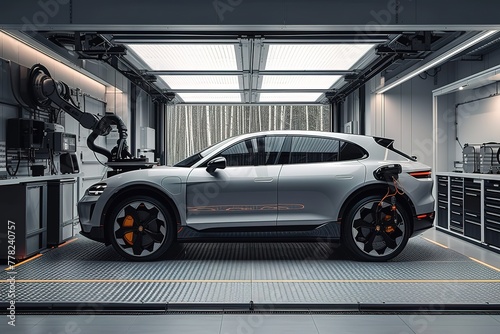 A state-of-the-art autonomous vehicle parked in a sleek, high-tech garage, with an automated robotic arm performing routine maintenance, while a digital dashboard displays diagnostics © create