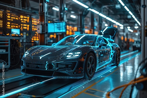 A state-of-the-art autonomous vehicle parked in a sleek, high-tech garage, with an automated robotic arm performing routine maintenance, while a digital dashboard displays diagnostics © create