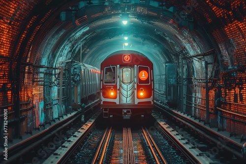 A subway train entering an underground tunnel, illuminated by overhead lights