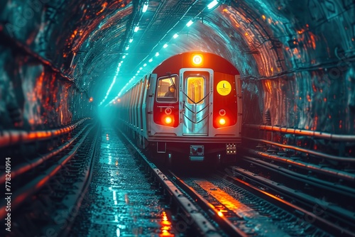 A subway train entering an underground tunnel, illuminated by overhead lights
