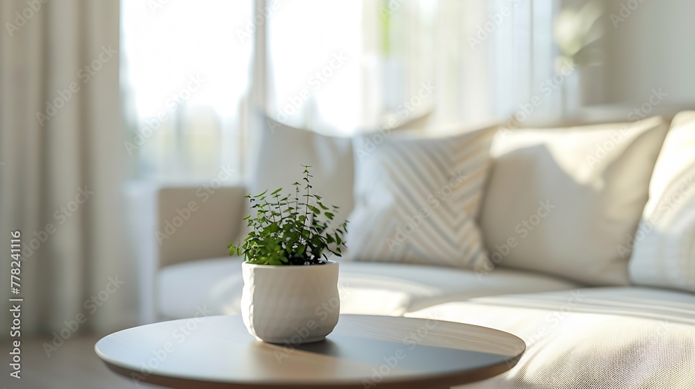 Generative AI : Close-up of bright living room with sofa and table in front of sofa against blurred background Generative AI : Close-up of bright living room with sofa and table in front of sofa against blurred background