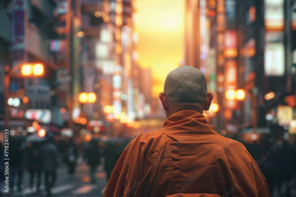 A rear view of a monk walking at a busy street A rear view of a monk walking at a busy street