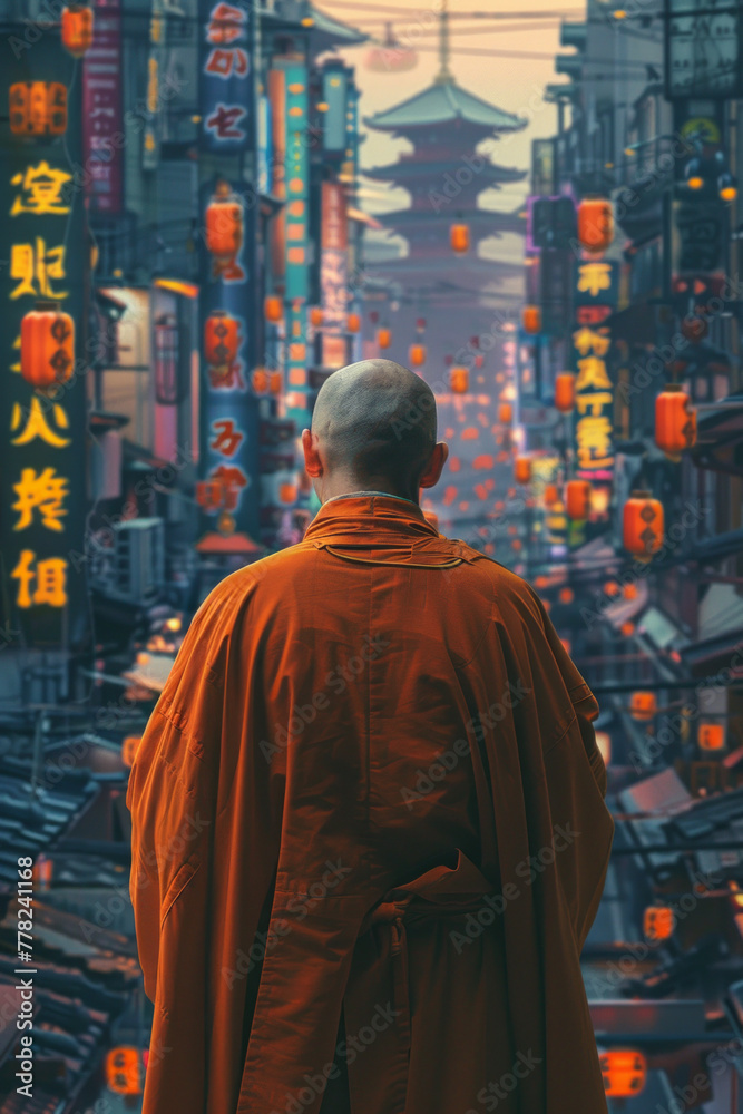 A rear view of a monk walking at a busy street A rear view of a monk walking at a busy street