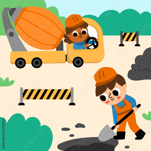 Vector road work landscape illustration. Scene with kid driver in concrete mixer and worker digging a hole. Cute repair service or construction site square background with funny vehicle. © Lexi Claus