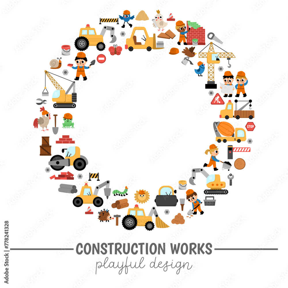 Vector construction site round border frame with kid builders, transport, tractor, crane, animals. Building works card template design for banners, invitations. Cute repair service illustration. Vector construction site round border frame with kid builders, transport, tractor, crane, animals. Building works card template design for banners, invitations. Cute repair service illustration.