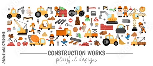 Vector construction site horizontal border set with kid builders, transport, tractor, crane, animals. Building works card template design for banners, invitations. Cute repair service illustration. © Lexi Claus