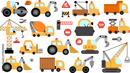 Big vector special transport set. Construction site, road work, building transport icons with bulldozer, tractor, truck, crawler crane, loader, digger, concrete mixer. Cute repair service vehicles. © Lexi Claus