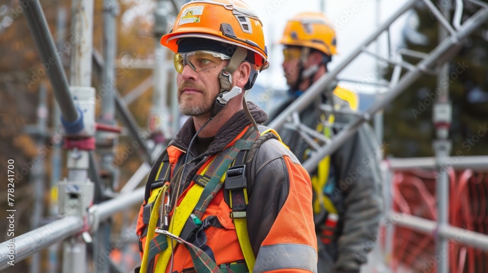 Safety first, health and safety warning Construction worker wearing safety harness and safety line working at high place