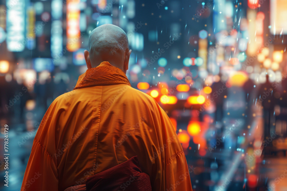 A rear view of a monk walking at a busy street
