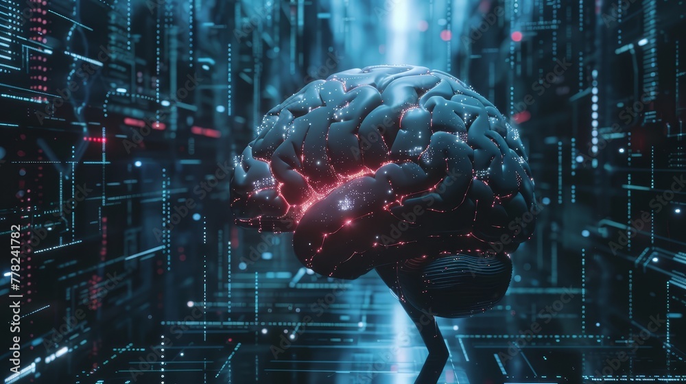 Digital representation of a brain glowing with red light amidst server racks, exemplifying data processing and AI storage Digital representation of a brain glowing with red light amidst server racks, exemplifying data processing and AI storage