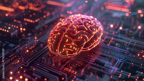 A vibrant neon red brain floats above an advanced electronic circuit board, depicting high-tech neural processing