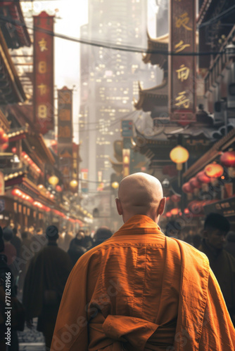 A rear view of a monk walking at a busy street © grey