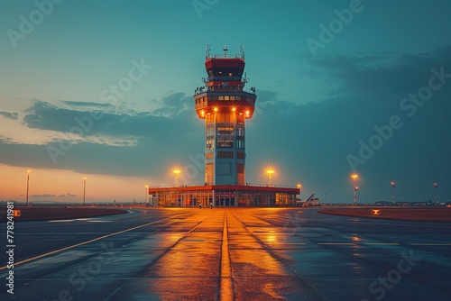 Airport Control Tower Control tower overseeing air traffic at a major airport photo