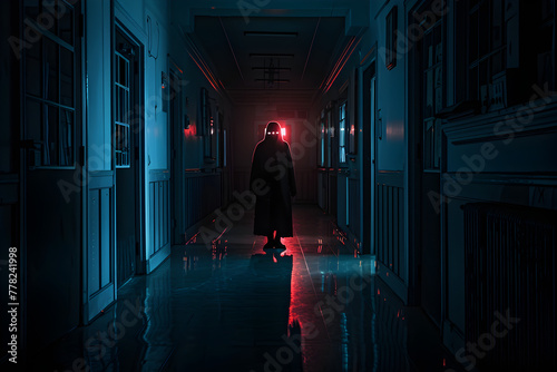 Neon silhouette of shadowy figure in haunted school hallway isolated on black background.