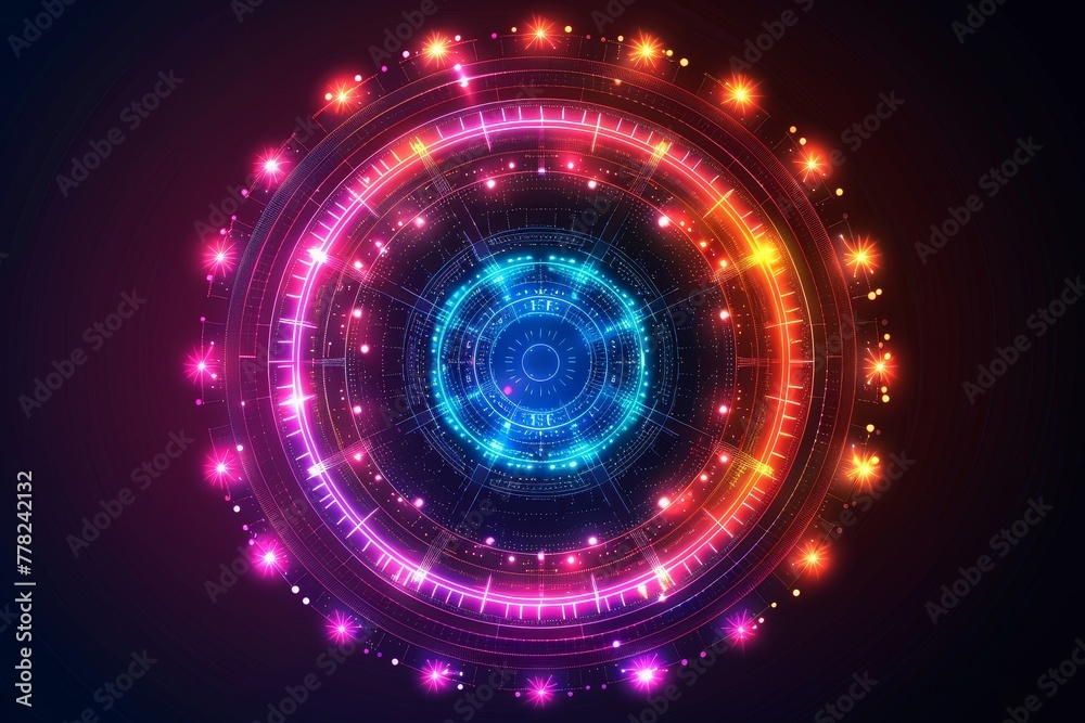 Obraz premium Abstract circular geometric pattern, illuminated in multicolor neon colors.