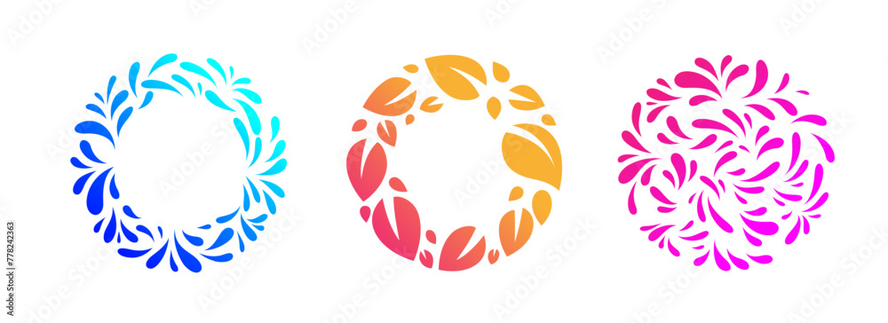 Set of round emblem design template in trendy style with leaves and splashes. Set of round emblem design template in trendy style with leaves and splashes.