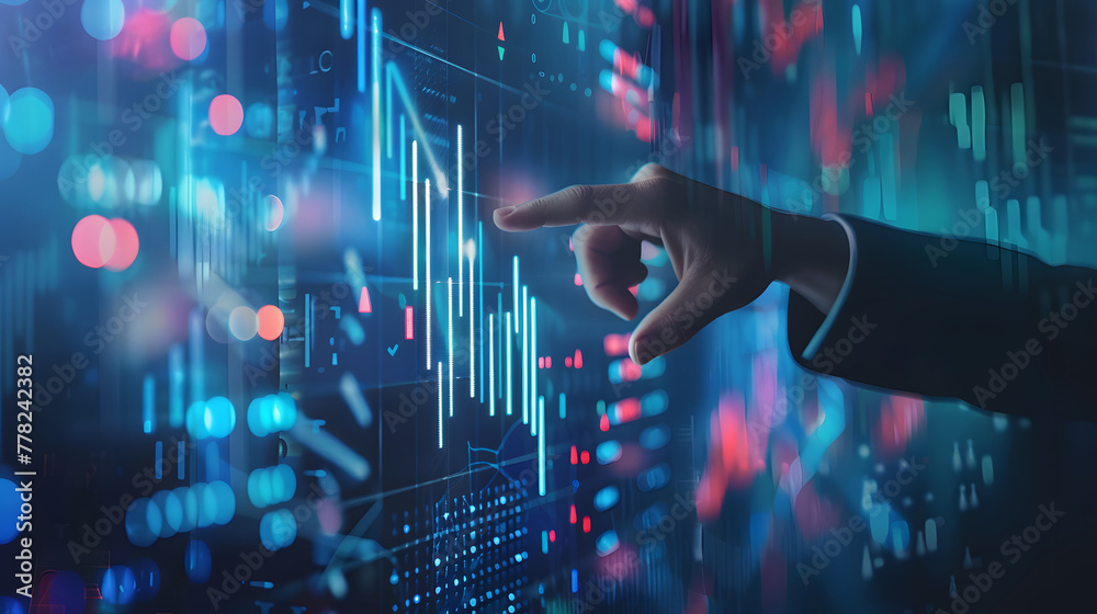 Businessman touching a digital screen with financial graph and stock market data Businessman touching a digital screen with financial graph and stock market data