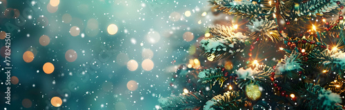 Christmas tree with snow and decoration in the style of green bokeh background banner