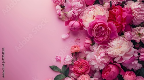 Peonies, roses on pink background with copy space. Abstract natural floral frame layout with text space.