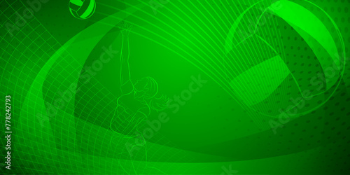 Volleyball themed background in green tones with abstract lines, curves and dots, with a female volleyball player hitting the ball