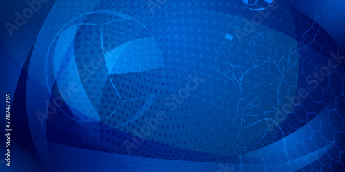 Volleyball themed background in dark blue tones with abstract meshes, curves and dotted lines, with a male volleyball player hitting the ball